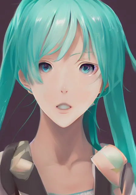 Prompt: A lifelike anime portrait of Hatsune Miku, by Yoneyama Mai, illustration, trending on ArtStation, deviantart, two-dimensional