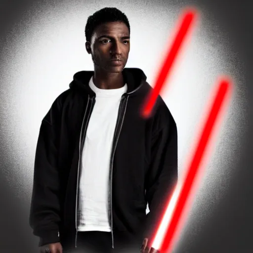 Image similar to a man with black hair in a black hoodie posing while holding a red lightsaber, Trending on artstation