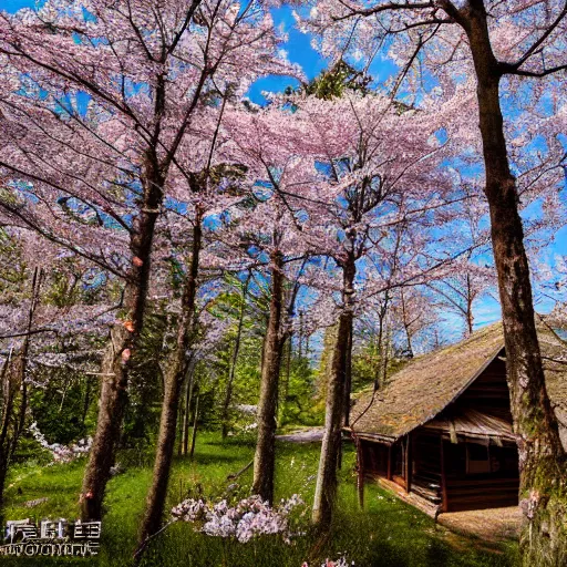 Prompt: forest cabin realistic photography 1 5 0 mpx wide angle lake deer cherry blossom