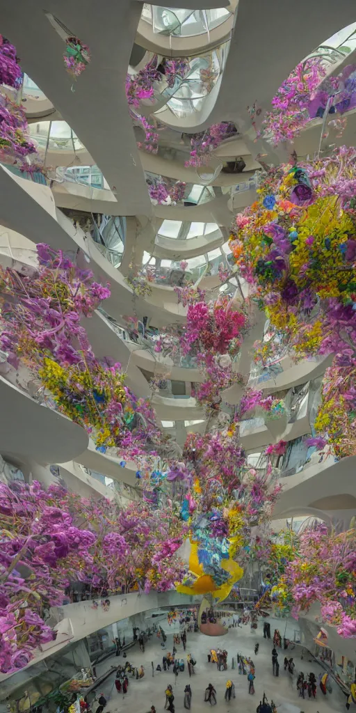 Image similar to photorealistic photo of an enormous cocoon hanging in the guggenheim museum atrium covered with colorful flowers and biomorphic forms, dynamic lighting, concept art