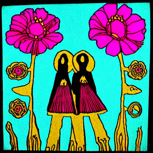 Prompt: two women working in a recording studio. folk horror art style. pink flowers