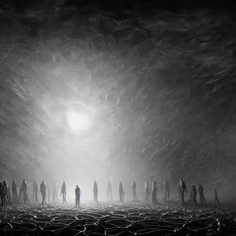 Image similar to group portrait photo of abandoned crowd of ribbed people on exoplanet, baroque painting, desolate empty wasteland, creepy, nightmare, dream-like heavy atmosphere, dark fog, surreal abandoned buildings, baroque painting, beautiful detailed intricate insanely detailed octane render trending on Artstation, 8K artistic photography, photorealistic, volumetric cinematic light, chiaroscuro, Raphael, Caravaggio, Beksinski, Giger