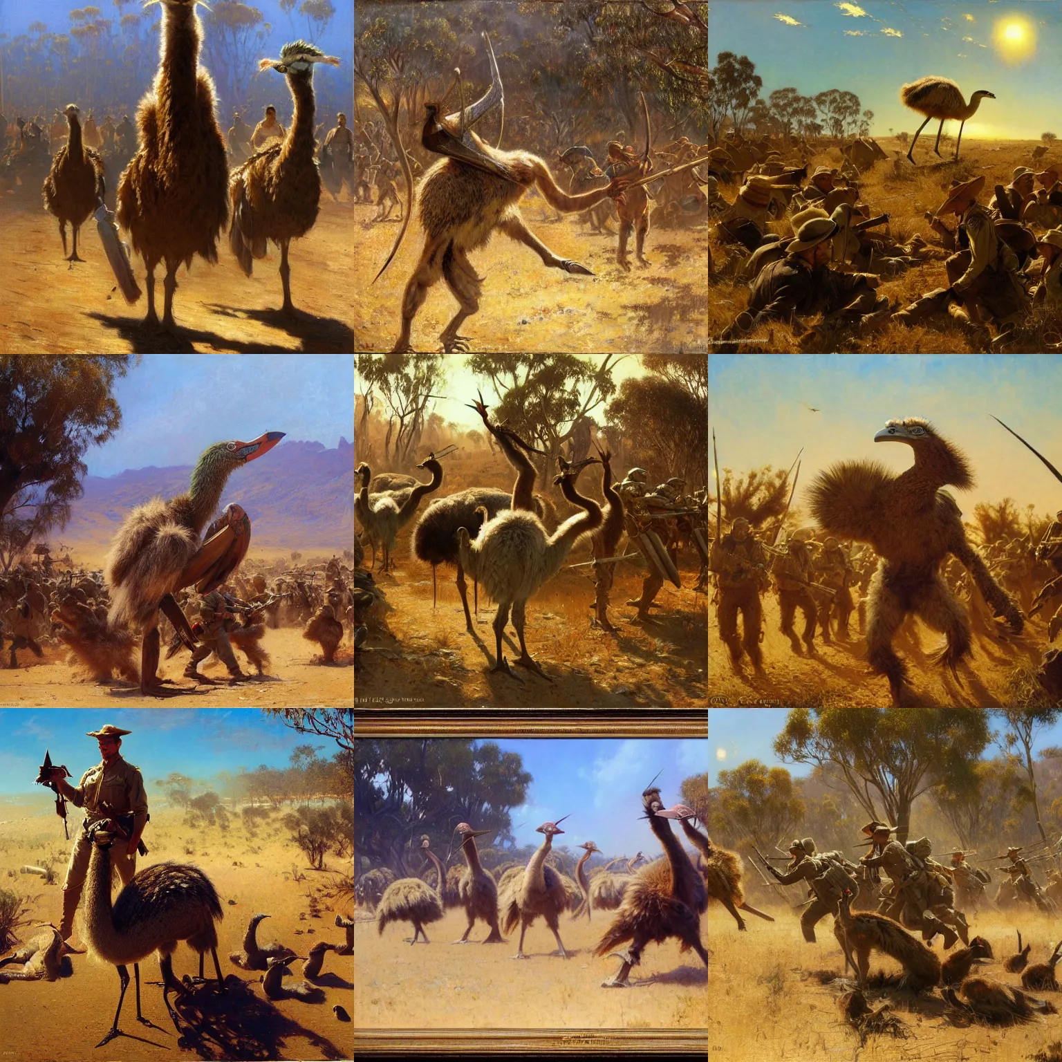 Prompt: detailed cinematic wide shot of the great emu war in australia, ultra realistic, spring light, painting by gaston bussiere, craig mullins, j. c. leyendecker