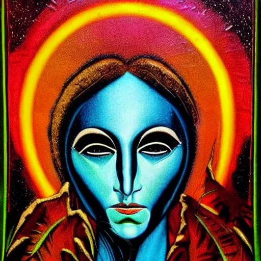 Image similar to Art in the style of Bob Peak, Gaia, Mother Earth, side portrait, mask inside mask