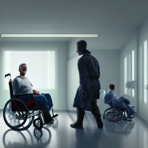 Image similar to a male patient in a wheelchair in the hospital with his wife and son standing by. happy, cheerful, smiling, intricate, sharp focus, artstation, cinematic lighting, 8 k, art by greg rutkowski