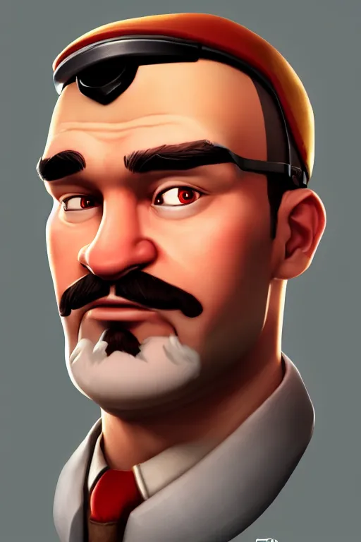 Image similar to beautiful highly detailed realistic stylized character portrait team fortress 2 medic, detailed character art master portrait, trending on artstation