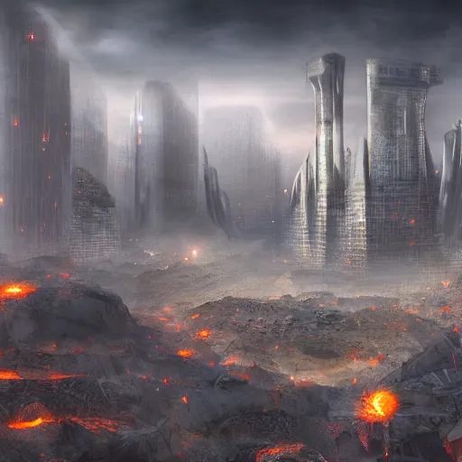 Prompt: a realistic detailed photo of a futuristic city, rocks coming out of the ground, fire, dead peoples, destroyed city, foggy landscape, light particles, detailed light, realistic shaders, trending on artisation, detailed textures, detailed, realistic.