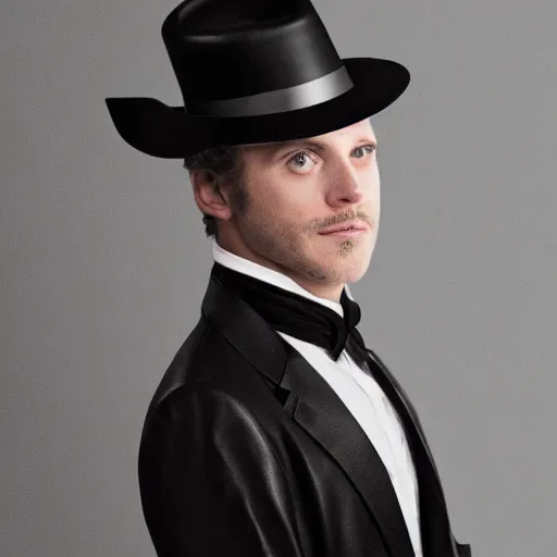 Image similar to a gentleman wearing a tall black leather hat, cinematic style