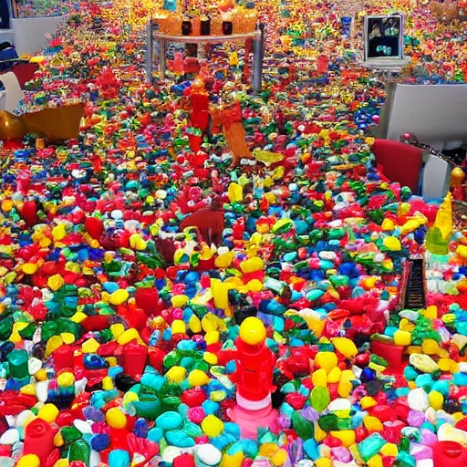 Image similar to Lego City overrun by thousands of jelly beans, old collection, verisimilitudinous