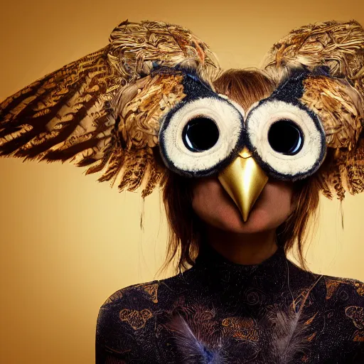 Image similar to head and upper torso, portrait of a beautiful woman wearing a realistic owl mask with feathers. Owl goddess, Mysterious, pagan magic, runes, magical symbols, ritual, natural earth colours, highly detailed, inticate, ornate, sharp focus, golden light, golden hour, soft light, golden ratio, rendered in Octane