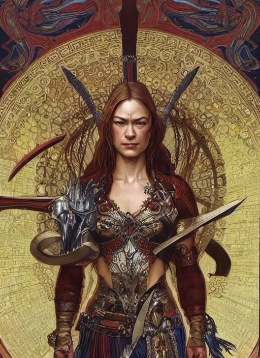 Prompt: Yvonne Strahovski as a beautiful warrior woman, fantasy, intricate, elegant, highly detailed, centered, digital painting, artstation, concept art, smooth, sharp focus, illustration, art by artgerm and donato giancola and alphonse mucha