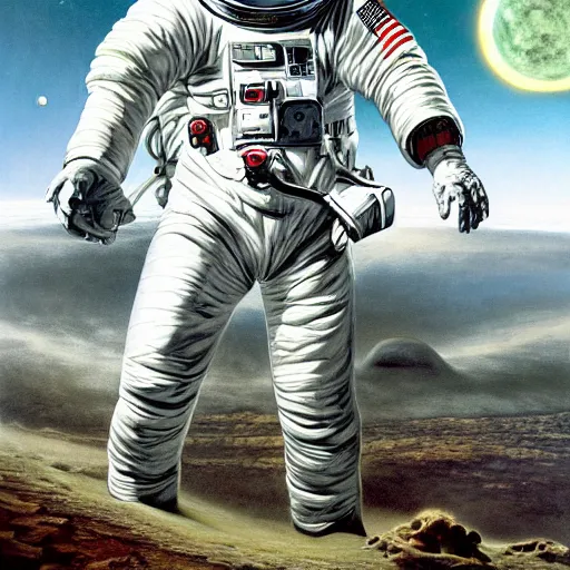 Image similar to An astronaut alone standing on a giant skull with the cosmos in the background by Jim Burns