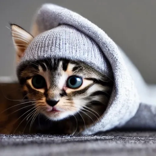 Image similar to small kitten wearing a beanie, cute, adorable, 4 k, detailed, coherent