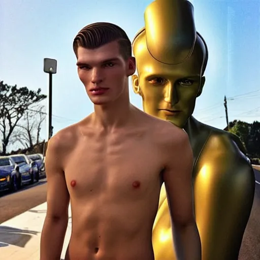 Image similar to “a realistic detailed photo of a guy who is an attractive humanoid who is half robot and half humanoid, who is a male android, Max Verstappen, shiny skin, posing like a statue, blank stare”