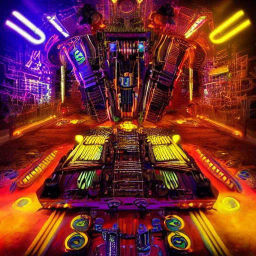 Image similar to album cover, album is called tripmachine, tripmachine, photo of a huge steampunk machine made of guitars and drums and pianos, connected with glowing tubes 8 k, fluorescent colors, halluzinogenic, multicolored, exaggerated detailed, front shot, 3 d render, octane