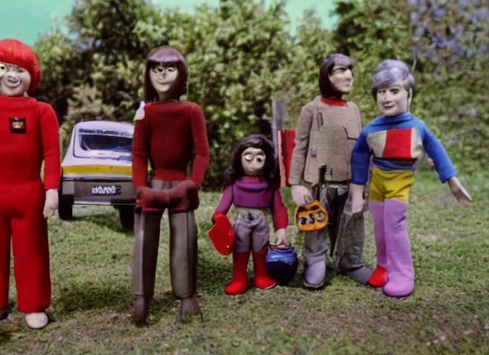 Prompt: a scene from a 1 9 7 0 s british kids tv programme by the bbc and gerry anderson, supermarionation, vhs distortion, folk horror, hauntology