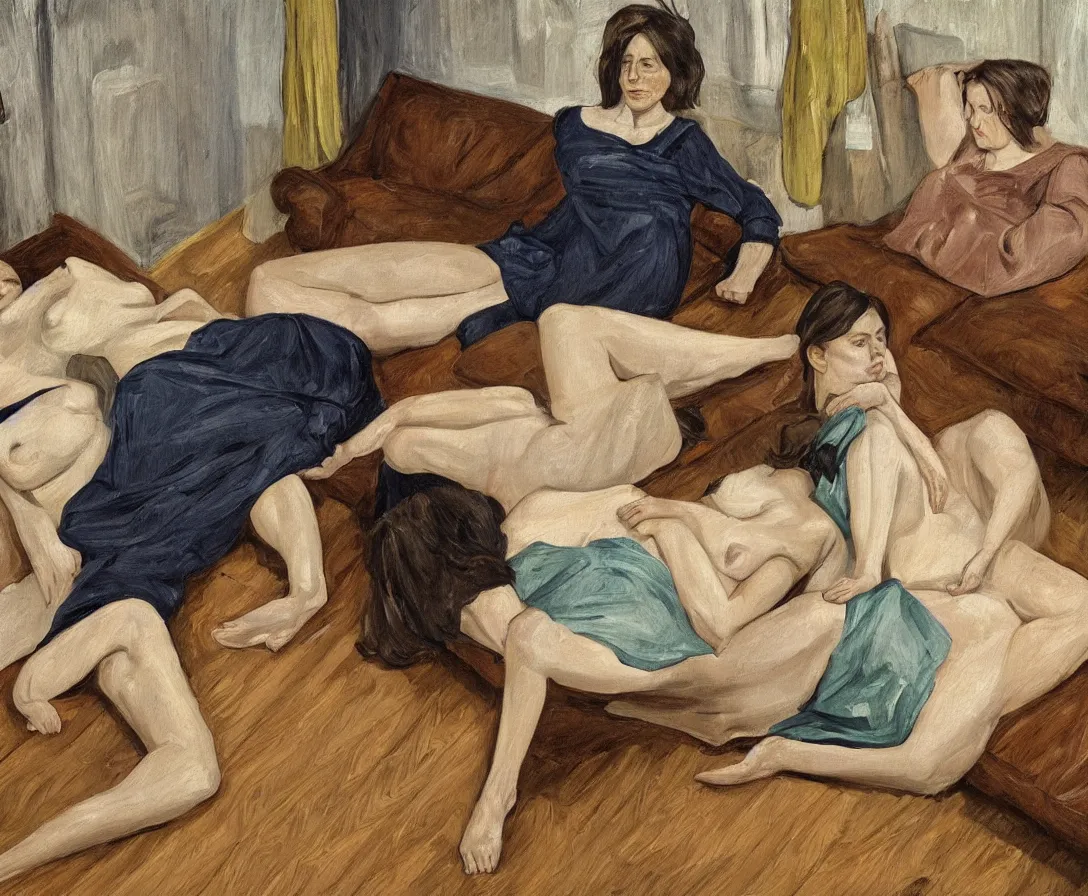 Image similar to portrait of two women lying horizontal, in an empty old english apartment with wooden floor on a brown leather sofa. one is wearing a dark blue sweather, the other a white shirt. brown hair, they are looking into the camera. wide shot. in the style of lucien freud. oil painting. green mood. isometric perspective