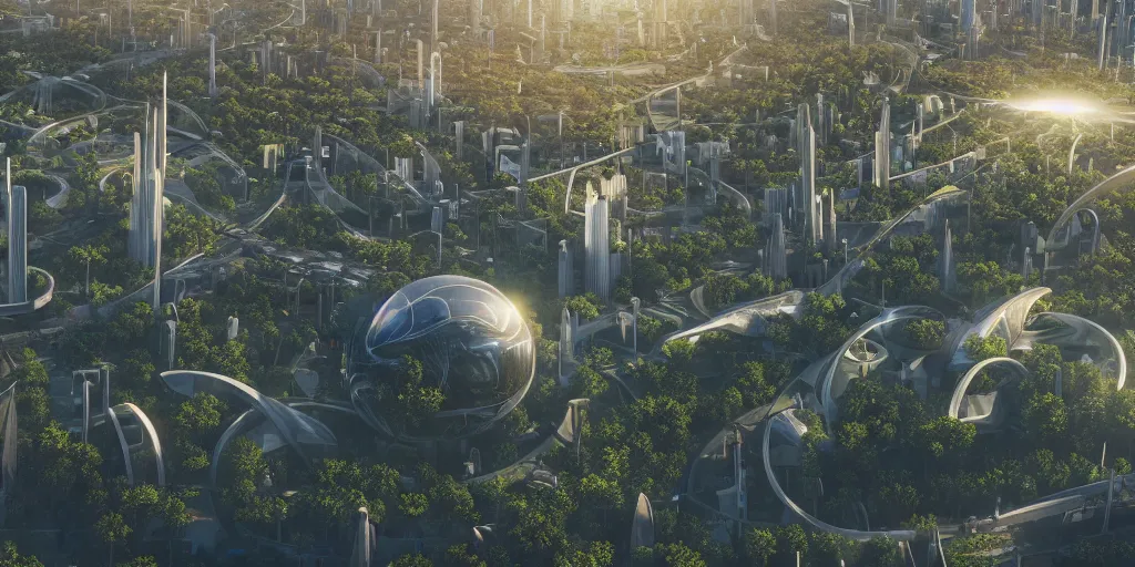 Image similar to a low angle view of a solarpunk city, meadows and rivers, futuristic architecture, hyperrealism, octopath traveler, octane render, misty, highly rendered, global illumination, radiant light, cinematic, by vincent callebaut and zaha hadid and zack snyder, 8 k