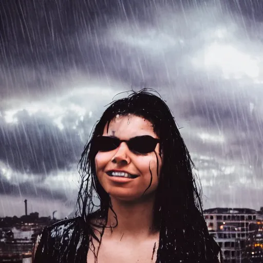 Prompt: cinematic scene of a young mexican woman wearing a wet short white dress and looking up to the raining sky smiling with her arms stretched out in a cyberpunk city at sunset,