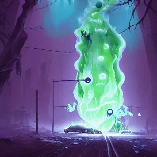 Image similar to a being of green ghostly viscous slime ooze making its way through abandoned midnight suburban streets, inevitable doom, concept art, goosebumbs novel cover, wisp lights, rhads,