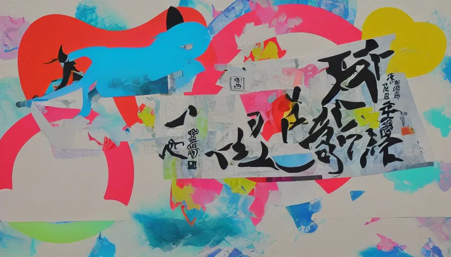 Prompt: Japan travel and adventure, minimalist negative space white acrylic base coat, mixed media collage acrylic airbrush painting by Jules Julien, Leslie David and Lisa Frank, muted colors with minimalism, neon color mixed collage cutout details