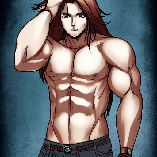 Image similar to well built man, rusty colored long hair, anime, high details,