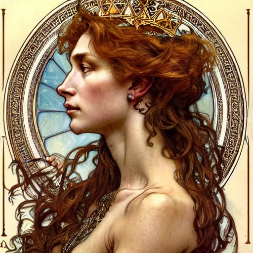 Prompt: highly detailed portrait of a majestic lioness queen as a beautiful woman. d & d, art by anton pieck and augustus edwin mulready and alphonse mucha and magali villeneuve. trending on artstation, intricate details, energetic composition, golden ratio, concept art, illustration, elegant art