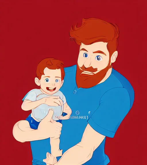 Prompt: a father with short red hair, a short red beard and blue eyes and a chubby face hold his infant son with short brown hair full color digital illustration in the style of don bluth, artgerm, artstation trending, 4 k