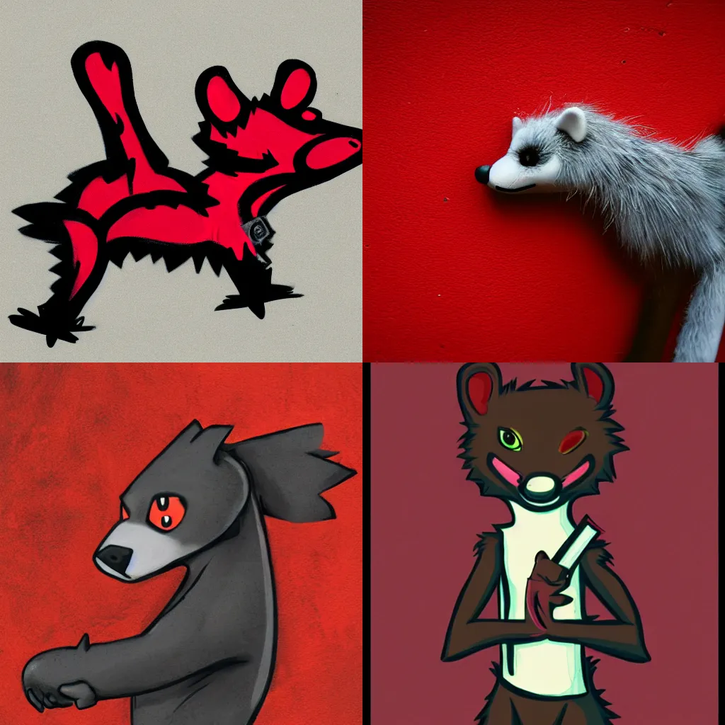 Prompt: darkly colored graffiti tag of a friend - shaped furry fandom weasel fursona, anthropomorphic, red & black fur