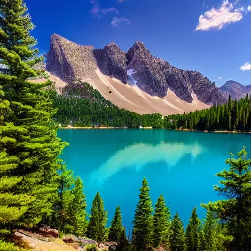 Image similar to a lake surrounded by pine trees with mountains in the background in the style of Bob Ross