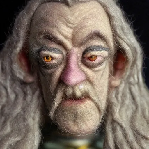 Image similar to needle felted king theoden from the return of the king (2003), highly detailed, tilt shift, eerie!, hyperrealism, highly textured, god rays