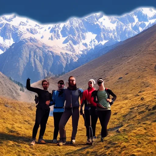 Prompt: of team in Armenia hiking at a weekend and posing with mountains on the background, the word Willow is in view like one in Hollywood, elegant, highly detailed, digital painting, volumetric light, artstation,, smooth, sharp focus, professional photos