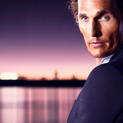 Image similar to a still of Matthew Mcconaughey . Shallow depth of field. City at night in background, lights, colors ,studio lighting, mood, 4K. Profession photography