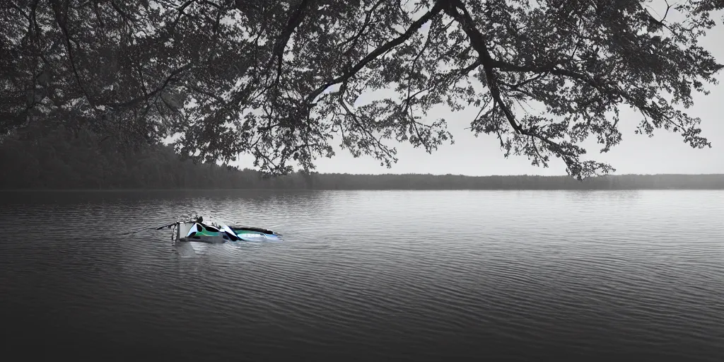 Image similar to centered photograph of a long rope zig zagging across the surface of the water, floating submerged rope stretching out towards the center of the lake, a dark lake on a cloudy day, color film, trees in the background, hyperedetailed photo, moody volumetric, anamorphic lens