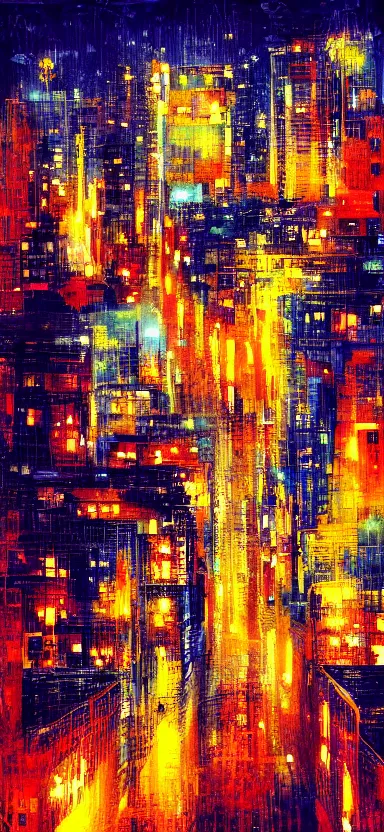 Image similar to “ city at night, covered in paint, digital art ”