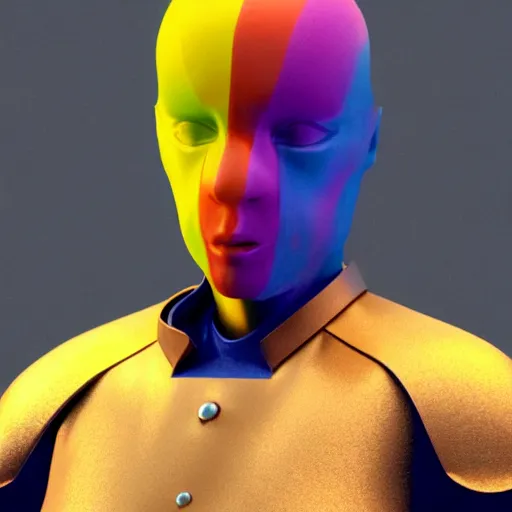 Image similar to hyperrealistic 3 d render of a colorful bust of knight with futuristic fashion elements created by ludvig holmen, brilliantly colored, kingdoms of ether, octane render, 3 d animated, unreal engine 5, volumetric lighting, hdr, cinematic atmosphere, smooth surface, 8 k