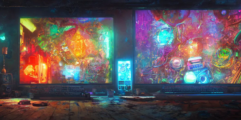 Image similar to A realistic painting of a vintage computer, with psychedelic mushroom art on the screen, in a post apocalyptic setting, unreal 5, DAZ, hyperrealistic, octane render, RPG portrait, dynamic lighting,