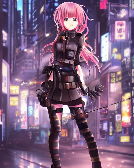 Image similar to full body portrait of anime girl in mechanic armor in night tokyo by makoto sinkai, perfect face, fine details