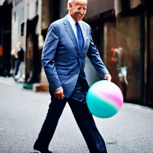 Prompt: joe biden carrying 1 0 0 bouncy balls, fashion photography, vogue street fashion tribeca, vsco photo, high definition