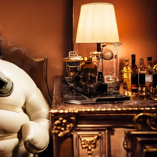 Image similar to cinematic photo of a taxidermied michelin man drinking a scotch on the rocks in a fancy old fashioned smoking room