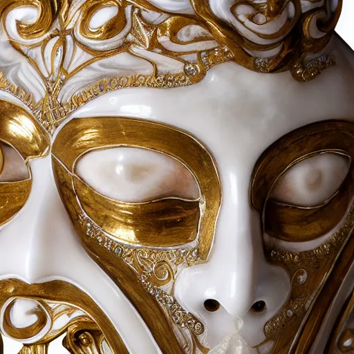 Prompt: photography of a venetian woman mask sculpted in white opalescent marble, with lots of thin golden ornaments, fusing with a luminous background, fractal art, intricate, 8 k, white box, cinematic light, high aperture
