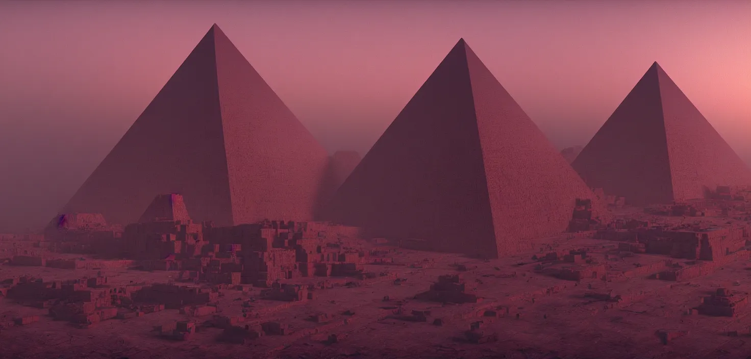 Prompt: cyberpunk egiptian pyramid overview, Zdzisław Beksiński color scheme, featured in artstation, octane render, cinematic, elegant, intricate, 8k