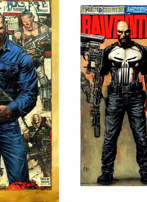 Image similar to full body and head portrait of dave bautista as the punisher, painted by norman rockwell and phil hale and greg staples and tom lovell and frank schoonover and jack kirby