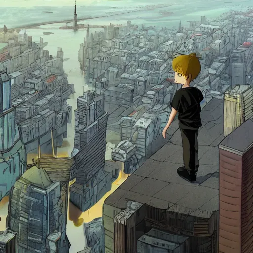 Prompt: boy watching over the abandoned city from the top of One WTC . The city has been reclaimed by ivy and nature and animals, and some of the skyscrapers have fallen. From famous apocalypse manga's movie adaptation. directed by Hayao Miyazaki and artstation
