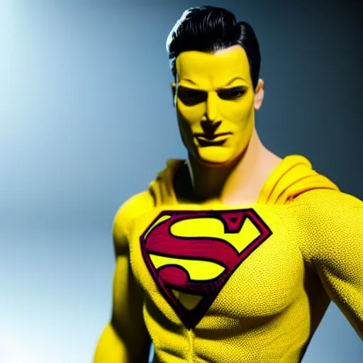 Image similar to still photo of a yellow superman, highly detailed, photorealistic portrait, bright studio setting, studio lighting, crisp quality and light reflections, unreal engine 5 quality render