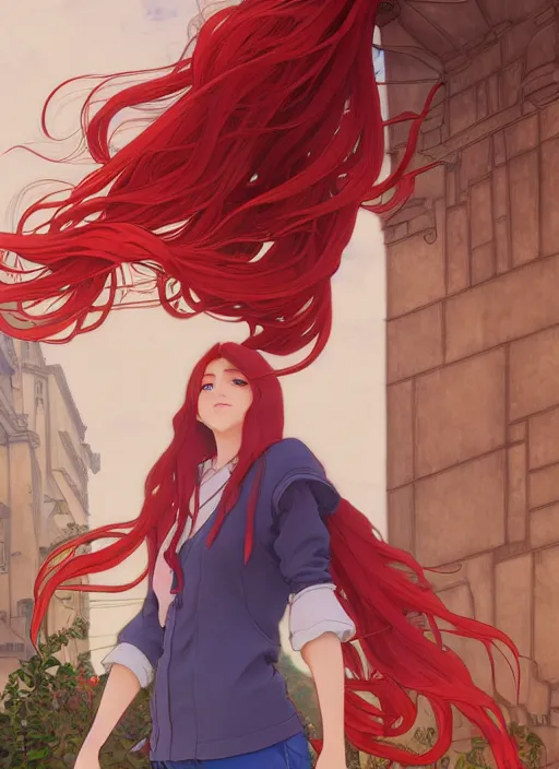 Image similar to young woman with long red hair standing at the corner of a busy street, path traced, highly detailed, high quality, digital painting, by studio ghibli and alphonse mucha, leesha hannigan, makoto shinkai, disney