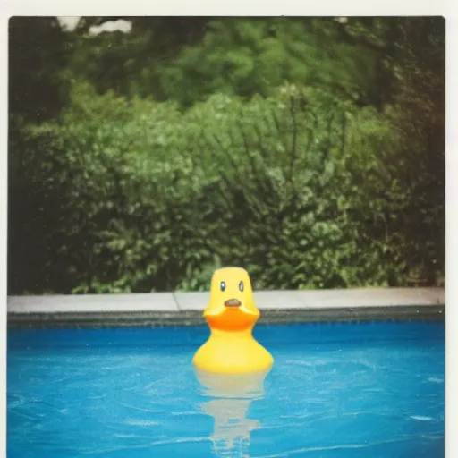 Prompt: a very beautiful picture of a giant rubber duck in a pool, polaroid