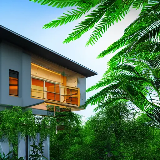 Image similar to modern house, surrounded by a lush jungle, hyper realistic, photo real, HD