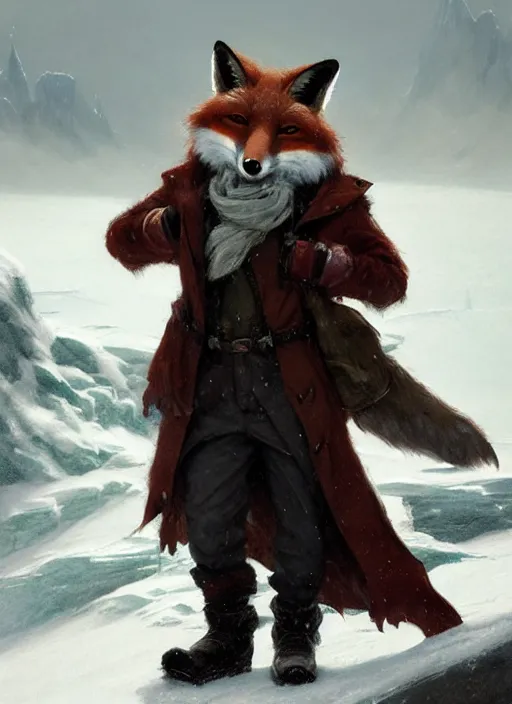 Prompt: an anthropomorphic fox wearing a long coat walking across a glacier, hands in pockets, blizzard, character illustration by Aaron Miller, Greg Rutkowski, thomas kinkade, Howard Pyle, disney, El Greco, Cynthia Sheppard