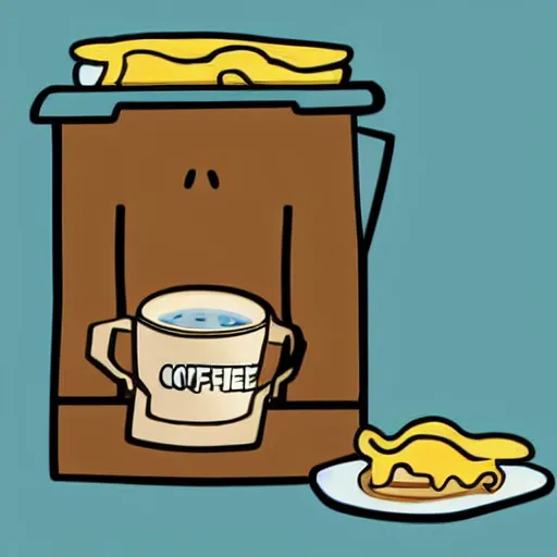 Prompt: a hand drawn cute illustration of a living box of mac and cheese holding a cup of coffee
